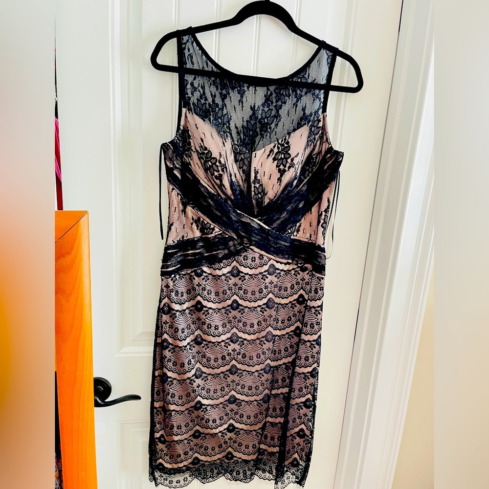 Jax Party Cocktail black lace over tan dress